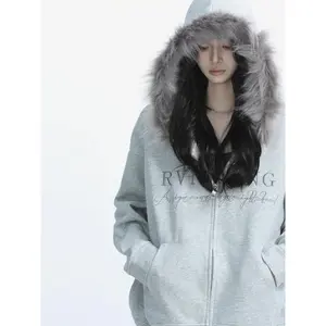 Gothic Grey Faux Fur Wool Zipper Jacket Hoodies Women's Slim Waist Hooded Vintage Y2k Coats Ropa Mujer Casual Fashion Sweatshirt