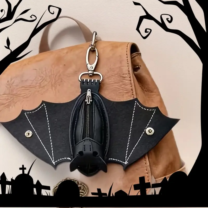 Handmade Gothic Bat Wings Coin Friday Purse, Faux Leather Hand-Stitched Zipper Pouch Keychain for Bags and Belts, Fashion Accessory, Key Chain Accessories-MM1