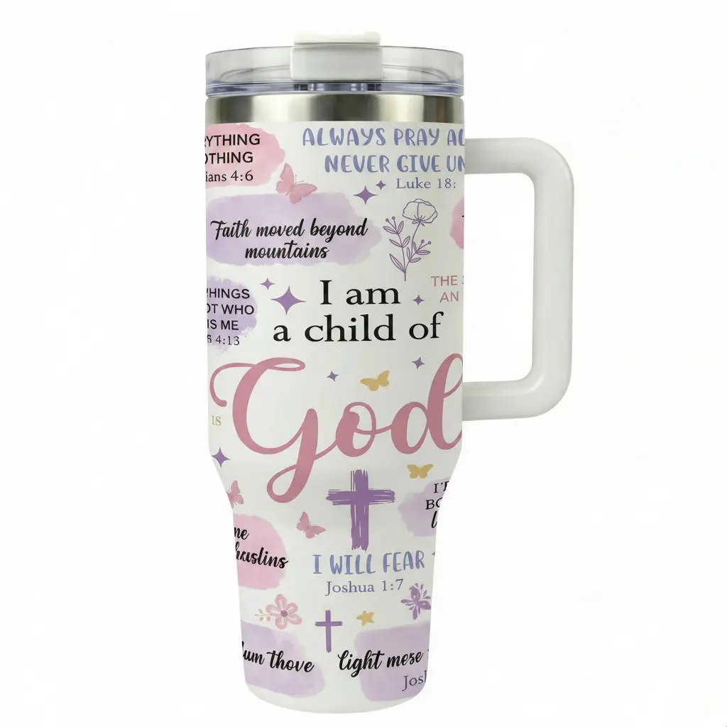 40oz Premium Stainless Steel Vacuum Insulated Leak-Proof Tumbler with Ergonomic Handle - Portable Faith-Based Travel Cup Displaying Christian Bible Verses such as 'I am a child of God', 'Always Pray and Never Give Up', and 'Faith Moved Beyond Mountai