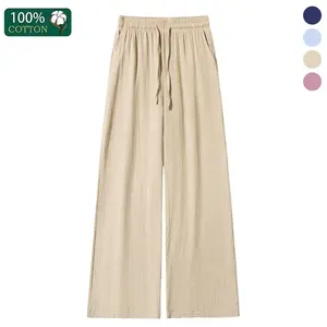 Women’s 100% Cotton Pleated Wide-Leg Pants — Lightweight for Summer, Solid Color, Drawstring Waist, Mid-Rise, Loose Straight Cut, Versatile Casual Long Pants