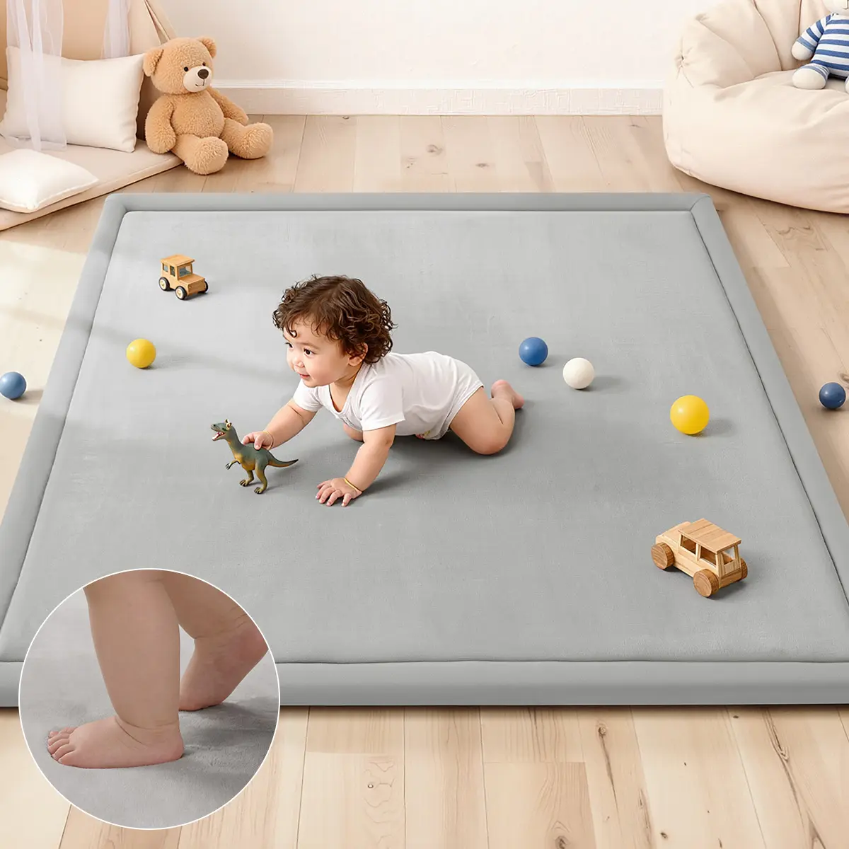 COMOMY 50"x50" Memory Foam Baby Playpen Mat, 1.2" Thick Slow-Rebound Flannel, Anti-Slip Foldable Tummy Time Mat with Cushioning, Easy-to-Clean Bedside Area Rug for Infants, Light Grey