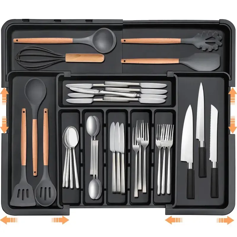 Black Adjustable Rectangular Silverware Drawer Organizer - BPA-Free Reusable Plastic Storage Drawer Units, Smooth Expandable Cutlery Sorter with Buckle Design, 8.5"-14.1"x12.1" Utensil Tray for Spoons, Forks, Knives