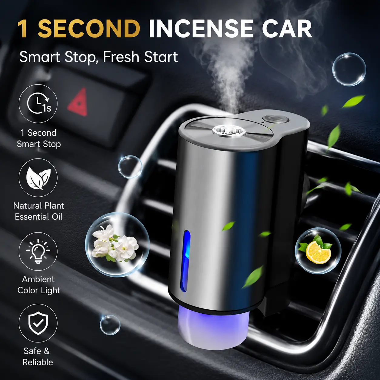 Boujee car accessories for girls! Smart Car Air Freshener Vent Diffuser with RGB Light - Clip-On Metallic Holder, USB-Powered Auto On/Off Portable Clip Auto Accessory, Freshening Fragrance, Car Fragrance Set & Spray, Auto Accessories