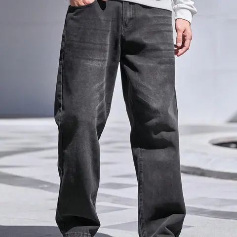 Men's Solid Color Straight Leg, Loose Casual Comfy Denim Trousers for Daily Wear, Men's Bottoms for All Seasons, Dark Wash Jeans, Relaxed Fit Jeans, Casual Denim Clothing