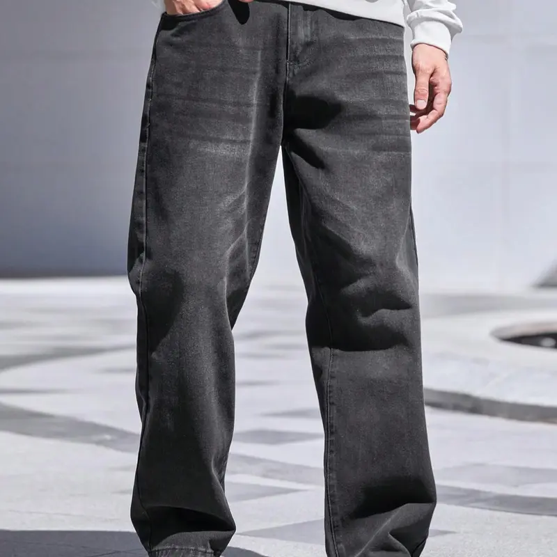 Men's Solid Color Straight Leg, Loose Casual Comfy Denim Trousers for Daily Wear, Men's Bottoms for All Seasons, Dark Wash Jeans, Relaxed Fit Jeans, Casual Denim Clothing