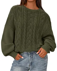 BTFBM Fall Sweaters for Women 2026 Cable Knit Sweater Crew Neck Long Lantern Sleeve Loose Chunky Pullover Casual Tops