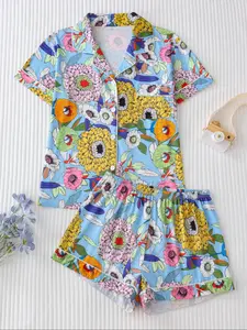 Women's Floral Print Lapel Neck Button Front Shirt & Elastic Waist Shorts Pyjama Two-piece Set, Casual Comfy Short Sleeve Pocket Top & Shorts Pj Set, Ladies Summer Sleepwear, Cute Pajama Sets Women, Pajamas, Button Closure Top