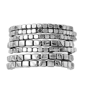 Chunky Nugget Multi Strand Stacking Statement Stretch Bangle Bracelet Set of 7 (Polished Silver Tone) Beaded