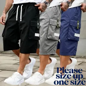 Men's Summer Casual Cargo Shorts - Elastic Drawstring Waist, Multiple Pockets & Letter Patch Design, Regular Fit Mid-Rise Non-Stretch Fabric for Daily Wear & Leisure Activities, Nontransparent Fabric