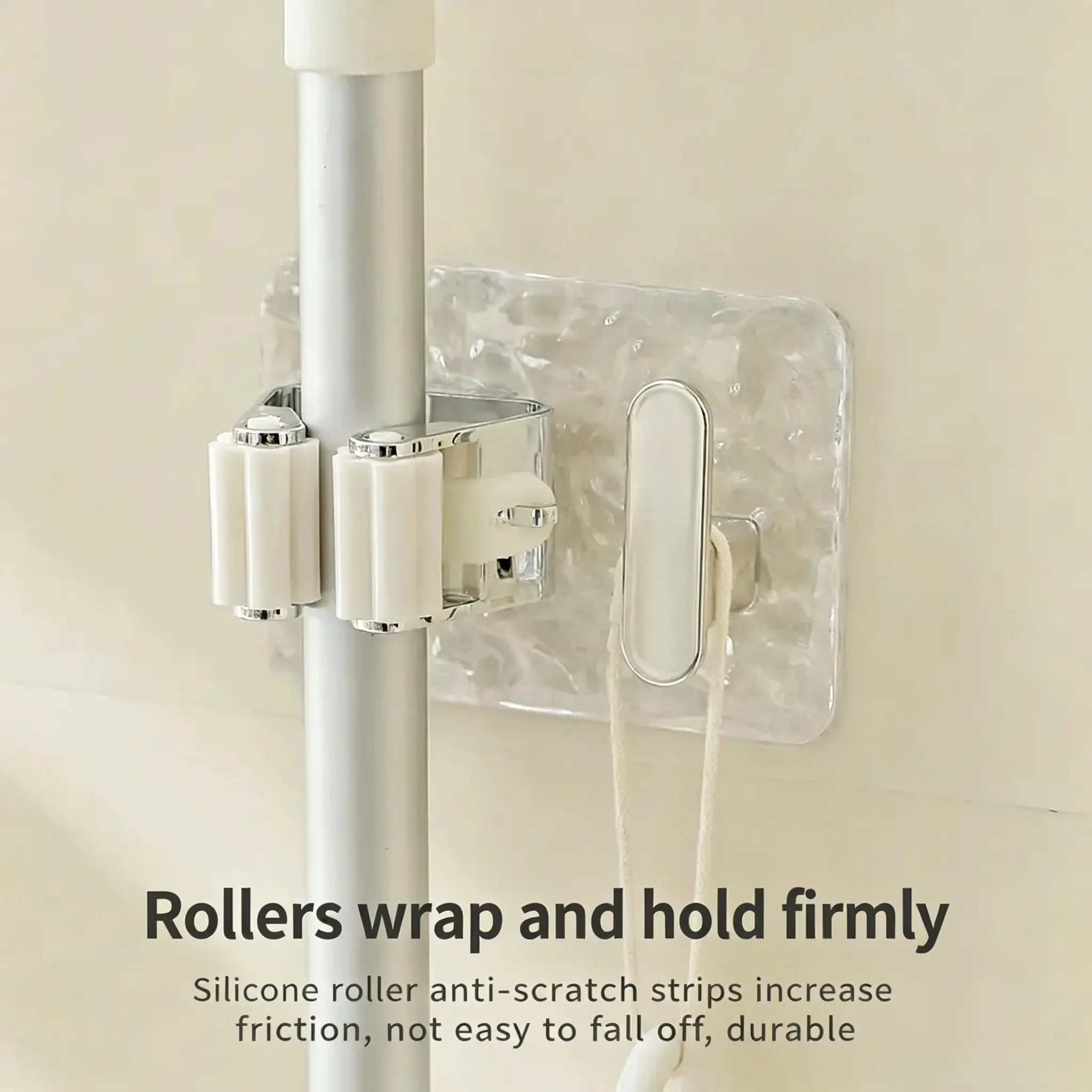 2PCS Wall-mounted Mop Clip Holder Non Punching Self-adhesive Broom Sweeping Brush Hook Storage Stand for Kitchen Bathroom Silver 3.94 in * 2.76 in