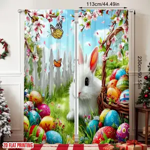 Easter Bunny Egg Print Curtains Set, Fashionable Rod Pocket Window Drapes for Bedroom & Living Room, Comfortable Atmosphere, Easy Installation