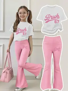 Girls' Sweet Cool Bruh 67 Letter Number Short Sleeve Bell Bottom Set, Casual Breathable Comfort, All Seasons Fashion, Clothing Set