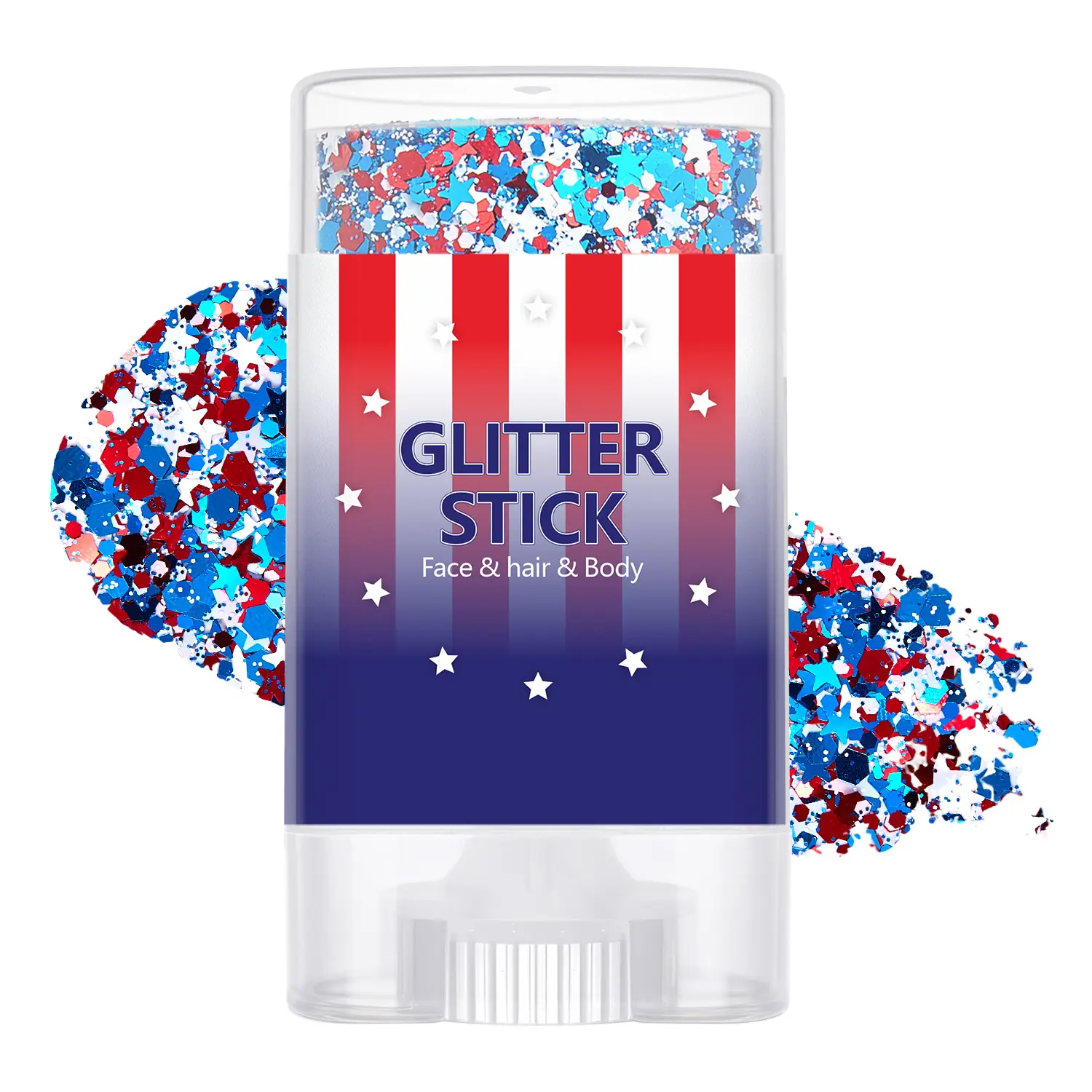 Red, White & Blue Glitter Stick, Waterproof Body Face Makeup with Chunky Sparkling Glitter, Self-Adhesive Cosmetic for Patriotic Events, Glitter Makeup, Red White Blue Stars Glitter Stick Body Makeup