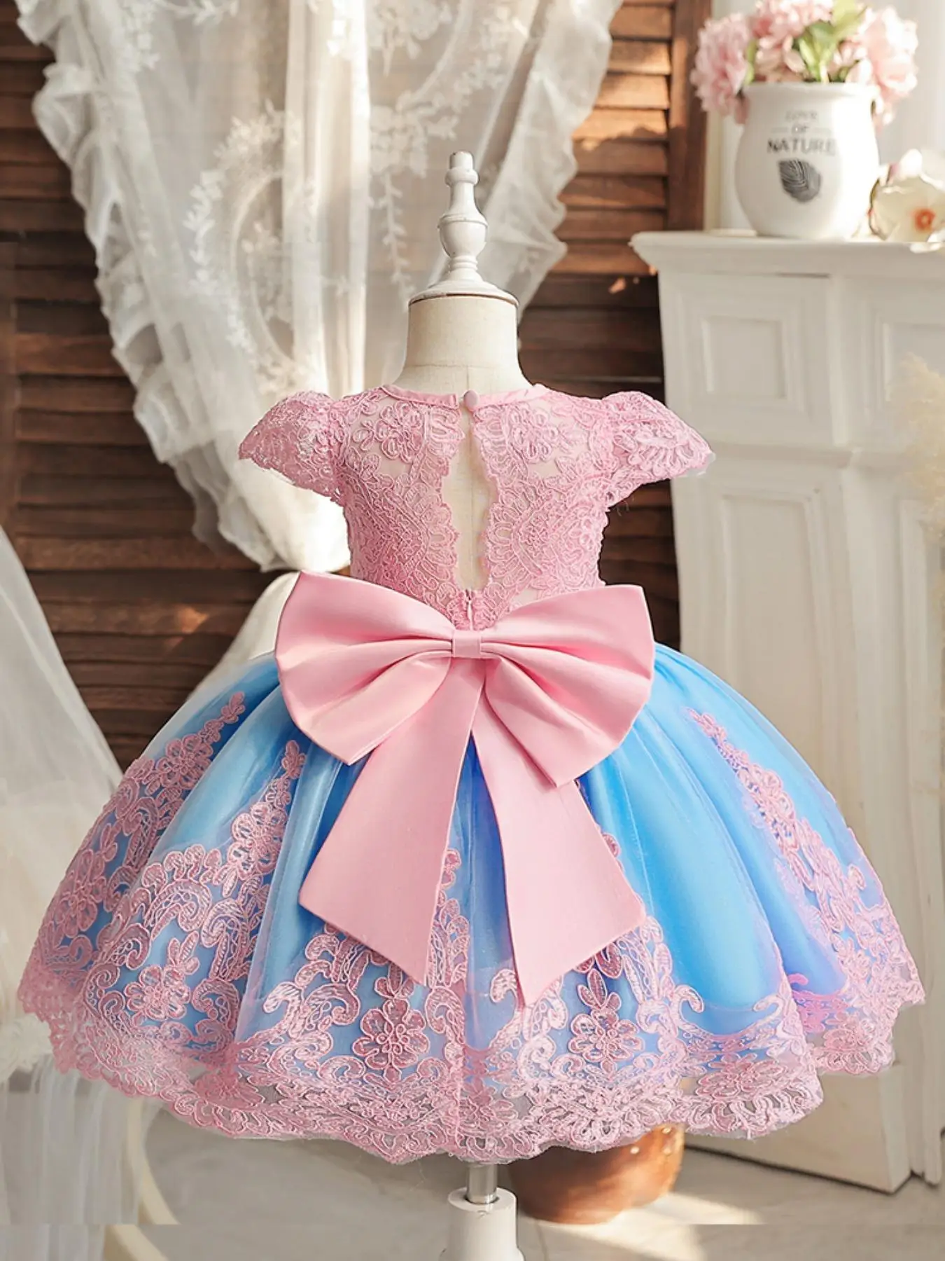 Girl's Embroidery Floral Tulle Dress, Elegant Short Sleeve Round Neck Dress for Party Performance Wedding Guest, Kids Summer Clothes