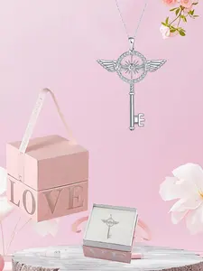 Angel Wing Pendant Key Necklace with Love Gift Box, Romantic Jewelry Gift for Wife Girlfriend, Daily Wear Zircon Accessory