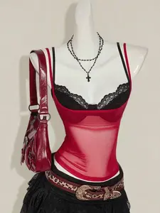 [CONVERTIBLE] Women's Red Sheer Lace Camisole Crop Top Cami Top