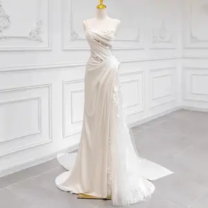 French-style light wedding dress, bride's off-the-shoulder forest-style going-out dress, satin lace strapless toast dress, small train reception dress