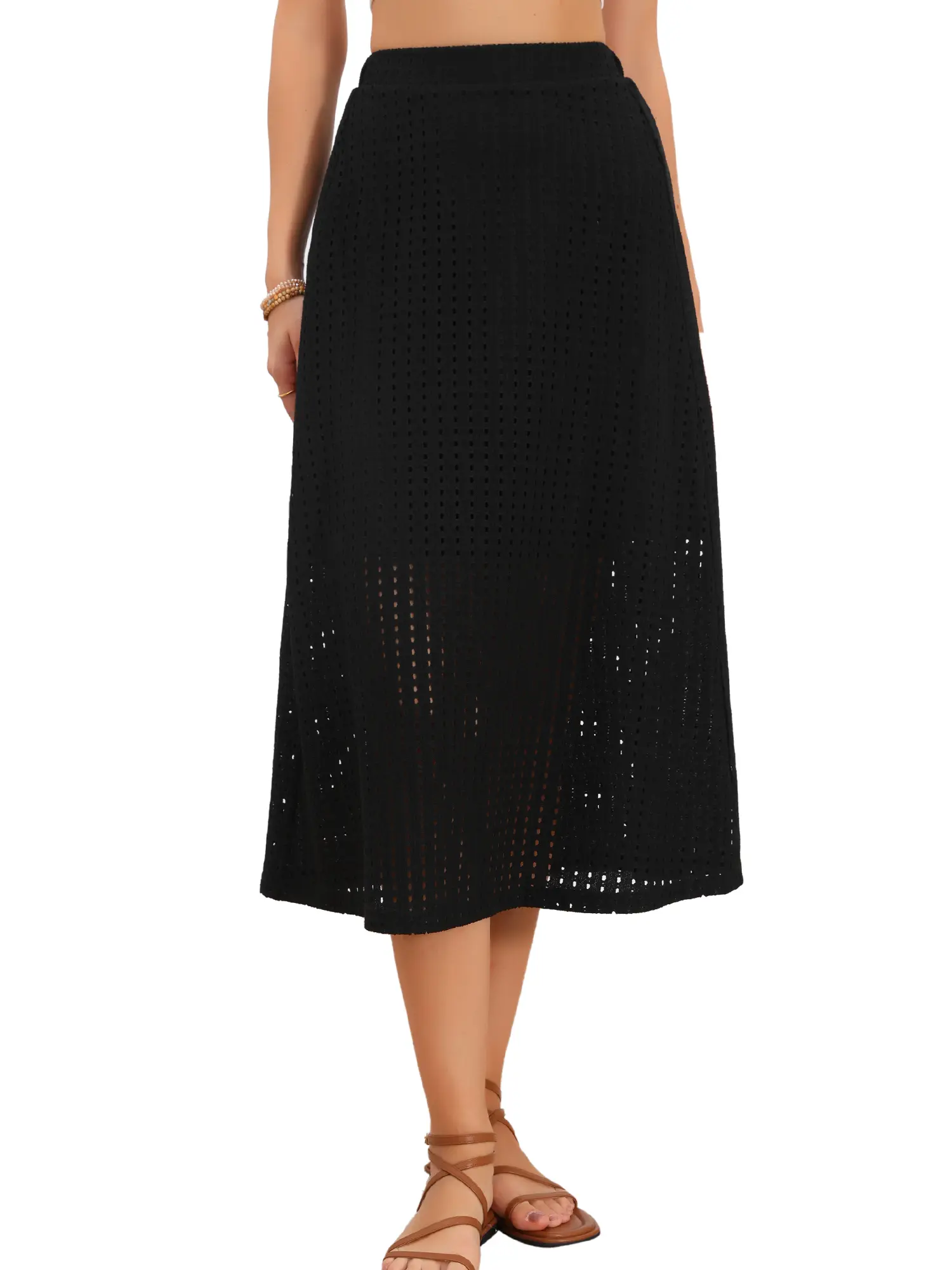 INSPIRE CHIC Summer Casual Long Skirt for Women High Waist Eyelet Beach Midi Skirt