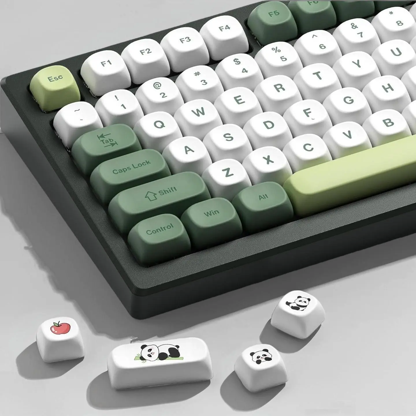 3C9 Whimsical Look Matcha Panda Theme Keyboard Keycaps Set Pack - 143-Key Multi-Size PBT Plastic Dye-Sub Print, Green & Cream MOA Profile, Compatible with Cherry MX 61-108 Key Mechanical Keyboards