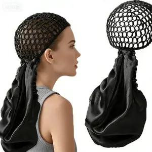 Silk Press Curls & Braids Satin Hair Wrap with Handmade Net – Adjustable Band, Reversible & Detachable