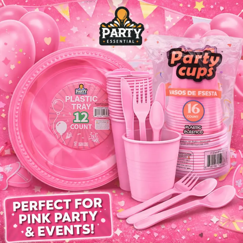 51ct Pink Cutlery Set (17 Knives/Forks/Spoons) + 8ct 9" & 12ct 7" Plastic Trays + 16pcs 16oz Pink PP Cups. Durable Disposable Party Kit for Birthdays, Quinceañeras & Baby Showers. Full Tableware Set for All Celebrations.