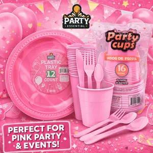 51ct Pink Cutlery Set (17 Knives/Forks/Spoons) + 8ct 9" & 12ct 7" Plastic Trays + 16pcs 16oz Pink PP Cups. Durable Disposable Party Kit for Birthdays, Quinceañeras & Baby Showers. Full Tableware Set for All Celebrations.