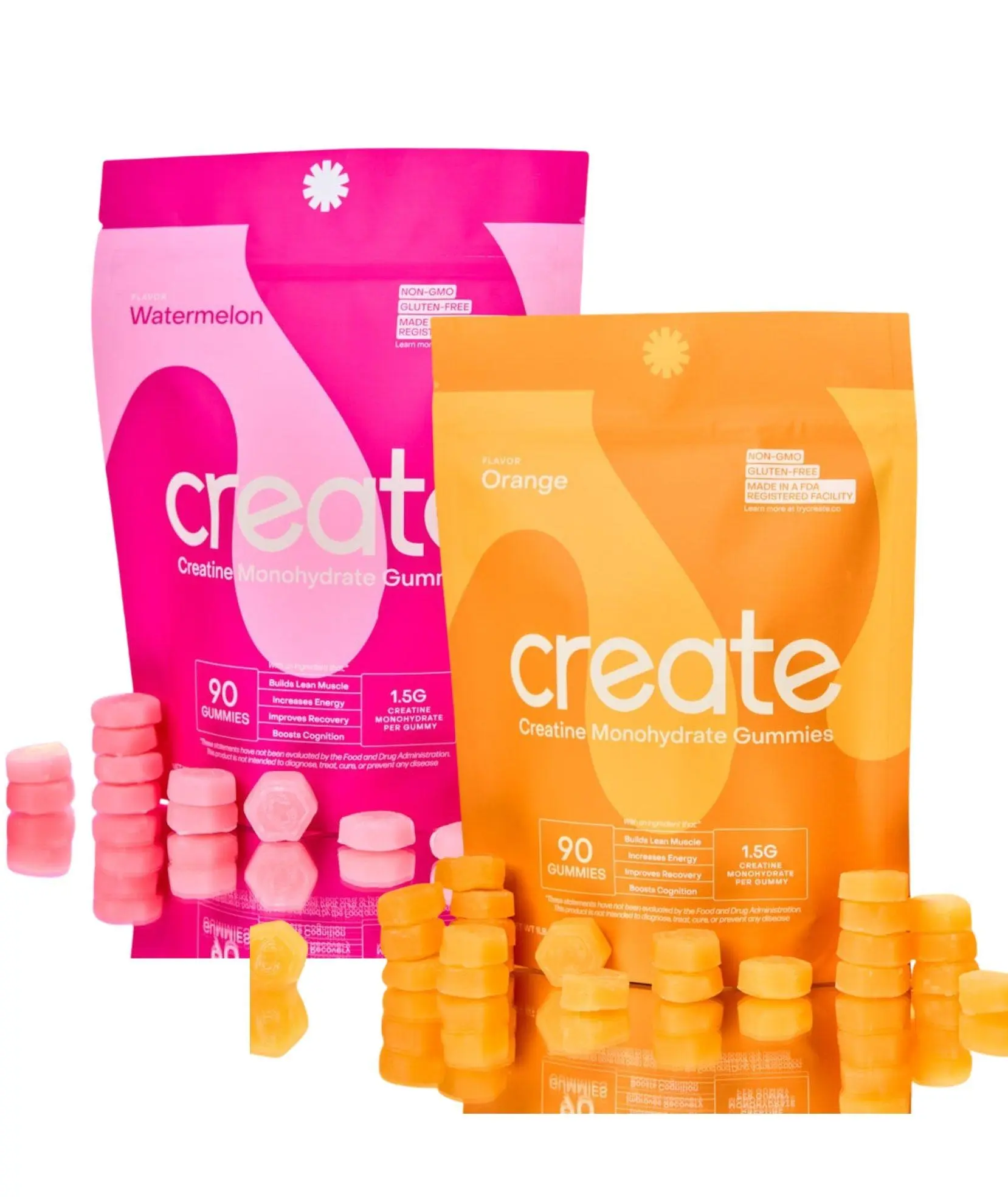 Creatine Monohydrate Chewable Gummy Supplements - 2 Packs (90 Pieces Each, Watermelon&Orange Flavors), 1.5g per Serving, Natural Dietary Supplement for Adults, Prop 65 Safe, Muscle & Strength Support