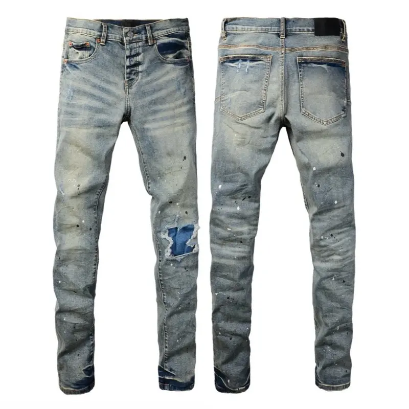 Men's Slim Fit Distressed Ripped Beige Denim Jeans with Pockets, Trendy Stylish Comfortable Streetwear Outfits, Menswear Fashion Bottoms Trouser, Slim Fit Jeans