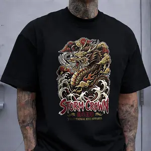 Mens Japanese Storm Crown Ryu Dragon Graphic Cotton Tshirt Samurai Aesthetic Casual Soft Lightweight Trendy Top For Anime Fans Classic Fit 100% Cotton - Menswear