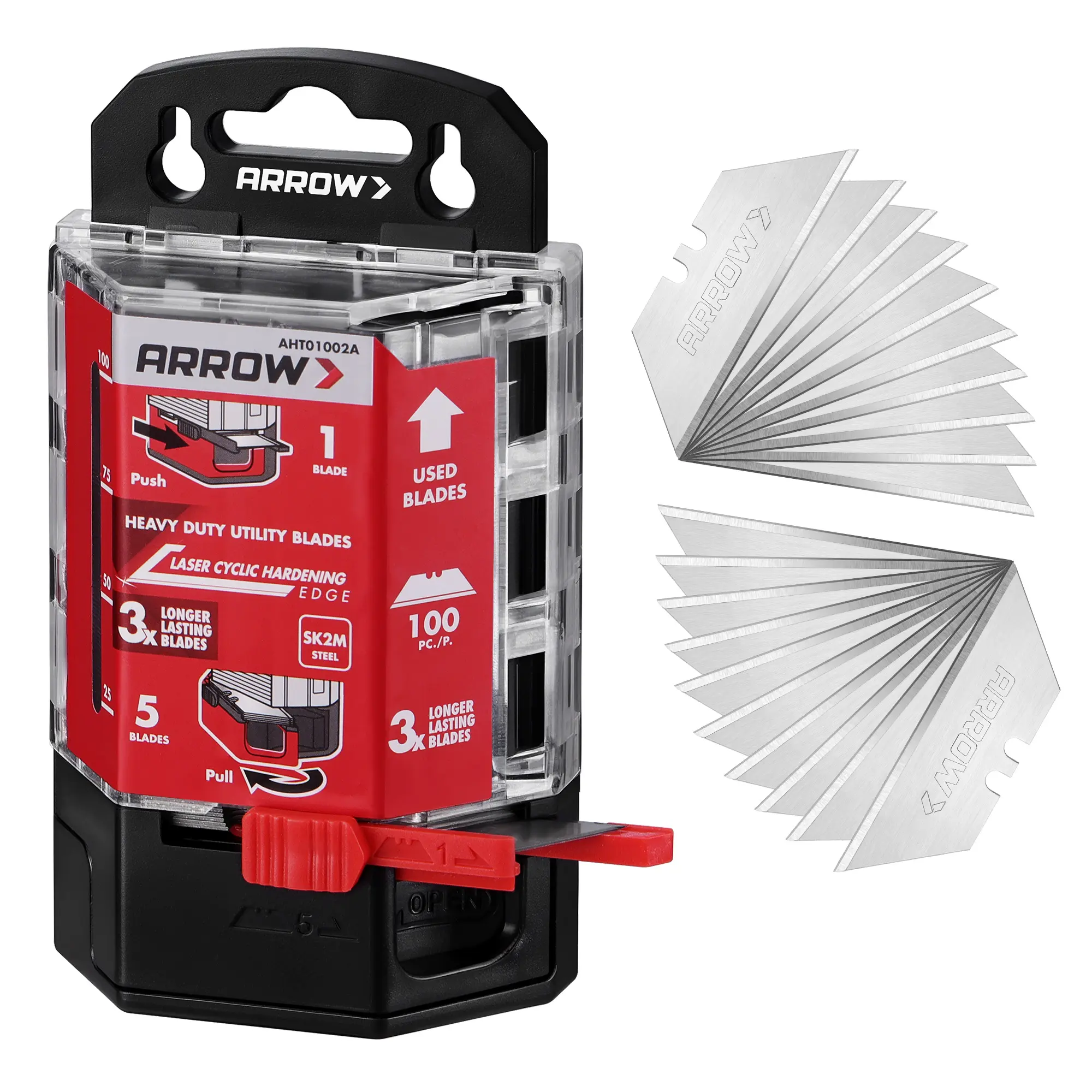ARROW 100-Pack SK2 Utility Knife Blades, Premium Tempered Steel Box Cutter Blades with Convenient Dispenser, Sharp & Durable Replacement Blades for Cutting, Crafting, DIY Projects