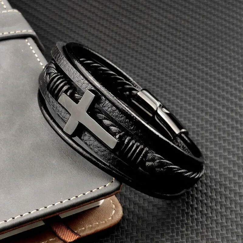 8 INCH Cross Design Classic Stainless Steel Men's Leather Bracelet Cross Magnetic Buckle Bangle Bracelet Jewelry