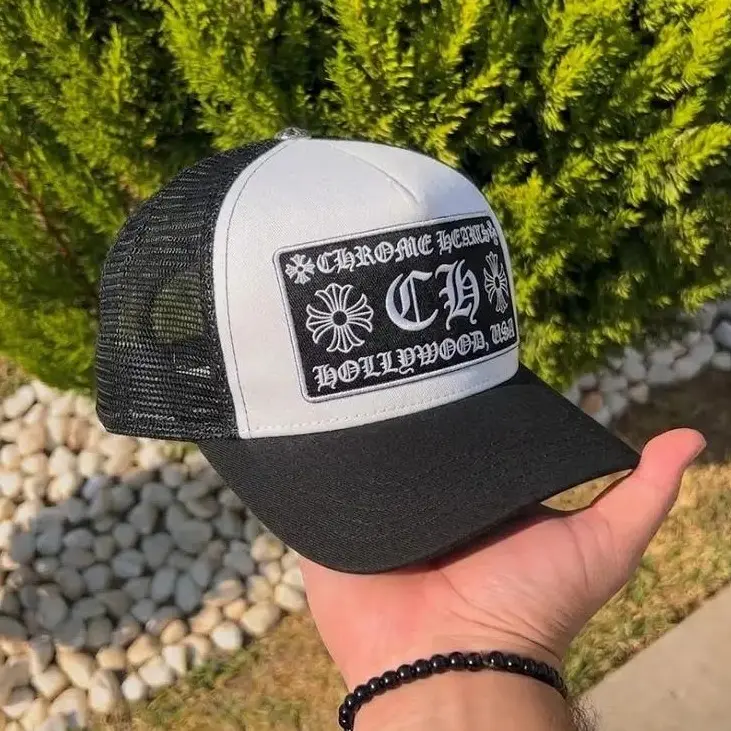 Chrome Hearts Hollywood Black Trucker Hat Mesh Baseball Cap Adjustable Snapback Curved Brim Embroidered CH Patch Unisex Streetwear Hip Hop Fashion Outdoor Casual Breathable Lightweight Premium Gothic Style Baseball Cap Everyday Wear Gift for Men Women