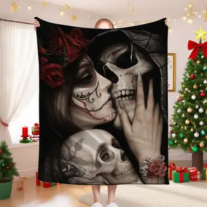 Dark Floral Skull Printed Flannel Fleece Blanket - Ultra-Soft Fabric, Double-Sided Heat Print, Multi-Size, Modern Elegant Design, All-Season Comfort, Soft Cozy Office-Home Decor Gift, Soft Cozy Blanket