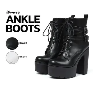Womens Ankle Boots Round Toe Chunky Block High Heel Lace Up Side Zipper Buckle Straps Comfortable Goth Punk Rave Party Date Concert Trendy Combat Ankle Booties