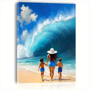 1 Piece Mother and Child Beach Wave Framed Canvas Painting - Turquoise Water and White Sand Beach Wall Art, Hand-Painted Style Wooden Frame, Ready to Hang/Living Room Decoration (200 x 150 cm) - Ideal Gift, Suitable for Coastal Residences, 2D Flat Surface