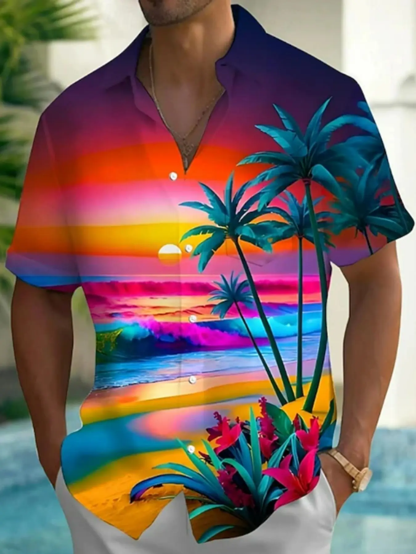 Men's Tropical Coconut Tree Natural Landscape Hawaiian Shirt, Casual Button Collared Top, Summer Casual Vacation Button-Up Short Sleeve Fitted, Flip Collar 3D Print Front Pocket