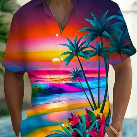 Men's Tropical Coconut Tree Natural Landscape Hawaiian Coastal Shirt, Casual Button Collared Top, Summer Casual Vacation Button-Up Short Sleeve Fitted, Flip Collar All Over Printed 3D Print Front Pocket, Summer Shirts