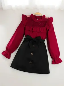 Two-Piece Set Girl's Solid Swiss Dot Frill Trim Sheer Blouse & Belted Skirt Set, Fashion Style Sets, Vintage Fashion Casual Outfit Set Mock Neck Long Sleeve Top & High Waist Button Front Skirt for Daily Outdoor Wear, Girls Set for Fall & Winter