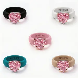 Pink Heart Zircon Silicone Unit Set Rings, Stackable Sport Costume Jewelry for Men & Women