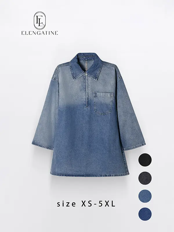 Elengatine Women's Denim Dress Half-Zip Collared Vintage Washed Blue Loose Fit Long Sleeve One Chest Pocket Trendy Casual Top for Daily Wear & Street Style Looks - Chic Autumn and Winter - Womenswear Suitable for all people, sizes range from XS - 5XL