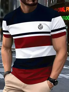 Men's Casual Round Neck T-Shirt, 100% Polyester, Geometric Stripe 3D Print, Slight Stretch, Short Sleeve, All Seasons, Activewear T Shirt, Gym Workout Shirt, Running, Yoga, Training