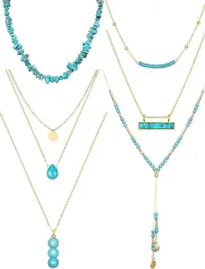 6pcs Bohemian style women's necklace in gold and turquoise