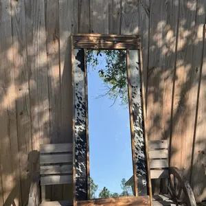 Black and White Cowhide Mirror - Full Length Mirror - Rustic Wood Frame - Perfect for Bathroom & Living Room Decor