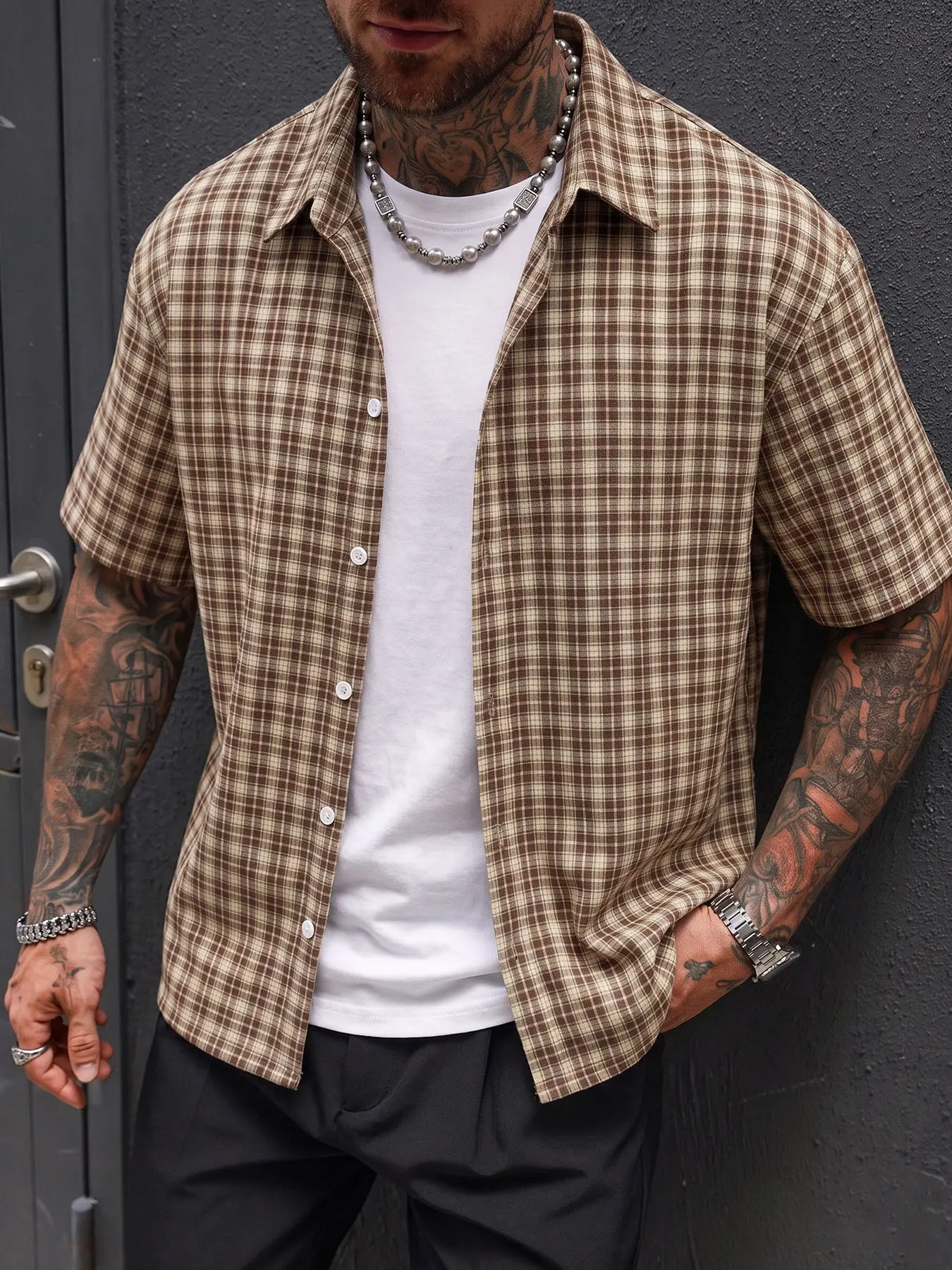 Men's Regular Fit Plaid Checked Print Short Sleeve Shirt, Button Up Shirt, Checkered Shirt, Casual Comfy Button Front Top for Summer, Fashion Men's Clothes for Daily Wear