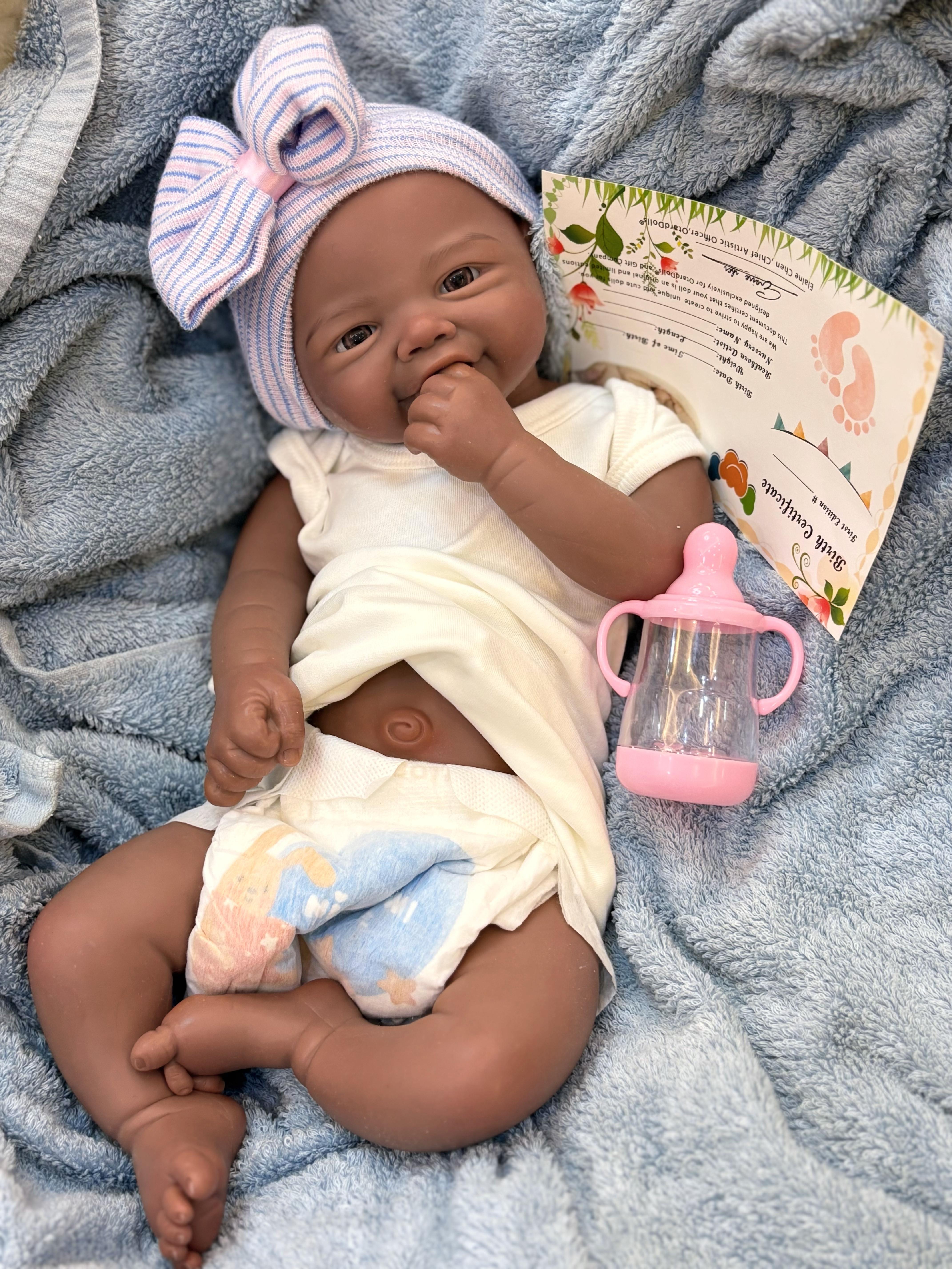 Reborn Doll Soft Silicone 18 inches Lifelike with Happy Smile Brown Skin Soft Body Realistic Details Includes Comfort Item Bottle Birth Certificate Perfect for Birthday Gifts Collectors and Children