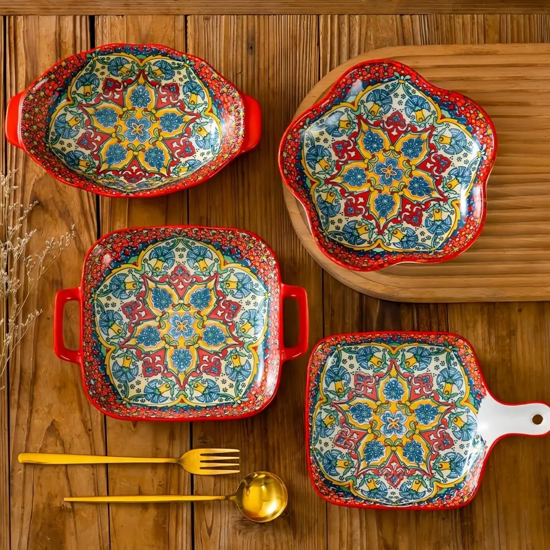 Boho Style Ceramic Bakeware Baking Set, 4 Counts/set Including 4 Different Styles Baking Pan & Serving Bowl, Kitchen Baking Supplies Home