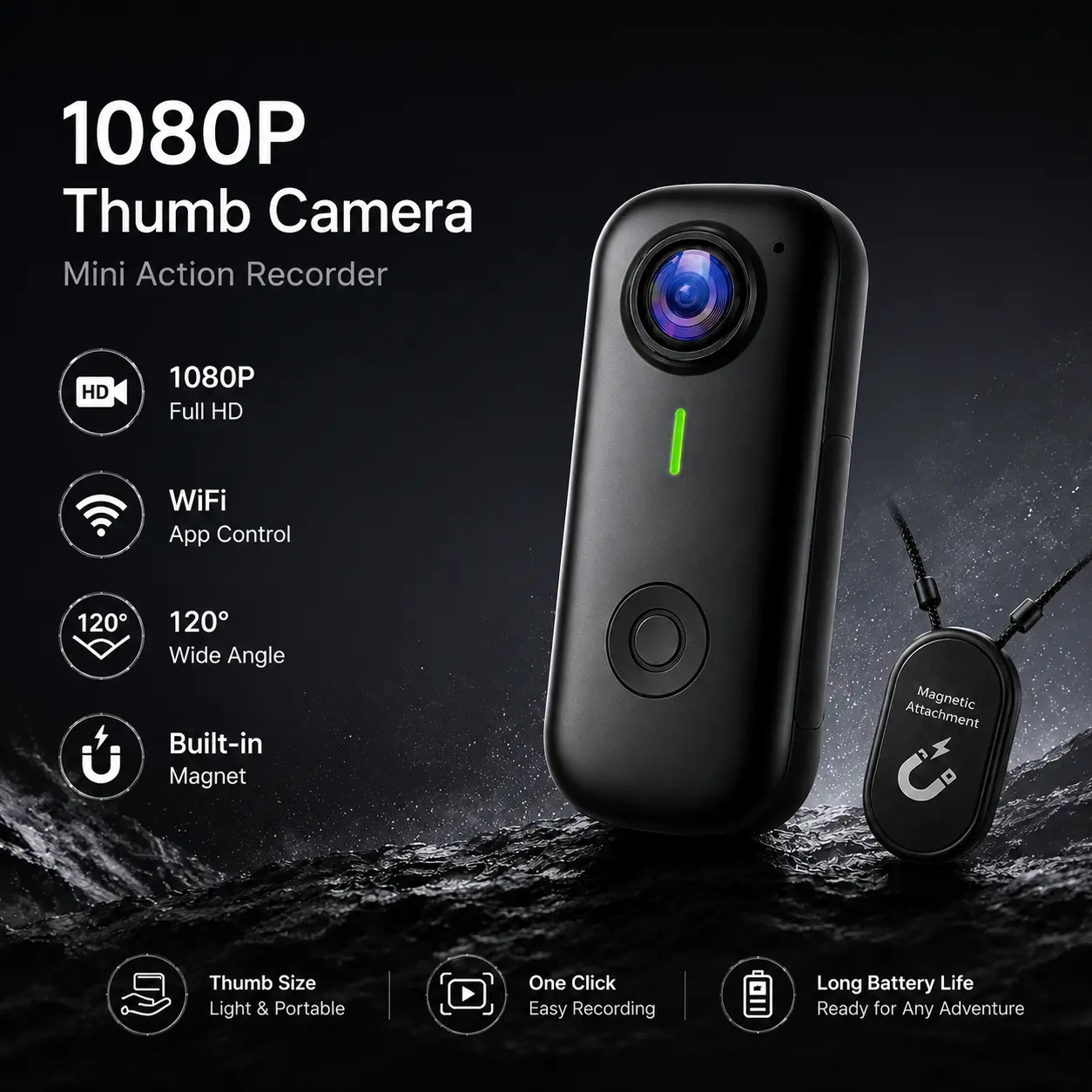 1080P Thumb Camera Mini Action Recorder, App Control 120° Wide Angle Portable Wearable Camera with Magnetic Attachment, Thumb-Size Body for Travel, Sports & Daily Use holiday gift