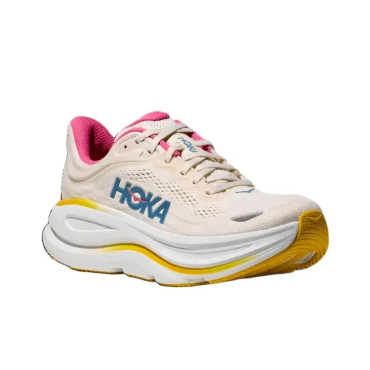 Warm Neutral Tone Supportive Road Running Trainers Off-White Breathable Knit Upper Thick Soft Matching Cream Cushion Midsole Blue Logo Pink Interior Yellow Stripe Ideal For Gym Training & All-Day Standing Jobs
