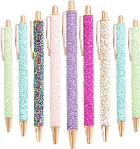 9 Pcs Fancy Pens for Women Glitter Colorful Ballpoint Pens Metal Retractable Pens Black Ink Medium Point 1.0 mm Pretty Cute Sequins Journaling Pen for Women Girls (Fresh style)