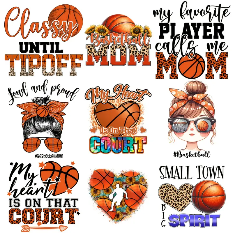 9 Pcs Basketball Theme DIY Heat Transfer Vinyl Patches for Clothes T Shirts Jeans Bags Hats Cool Sports Iron on Stickers Washable Custom Decals